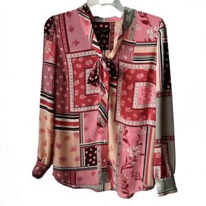 Talbots Patchwork Print Button Down Pink Cotton Long Sleeve Women’s Sz MP